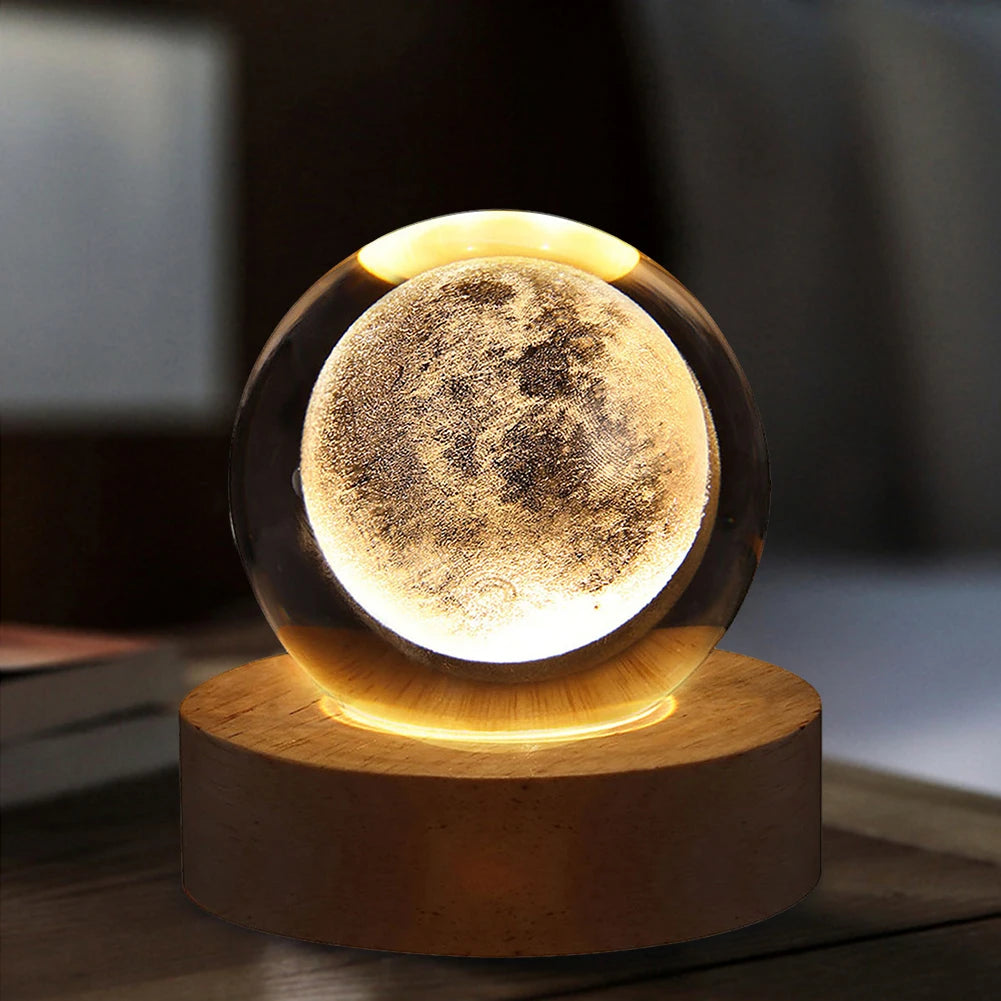 Lampe Décorative LED USB – Boule Cristal 3D Lune, Planètes et Galaxie